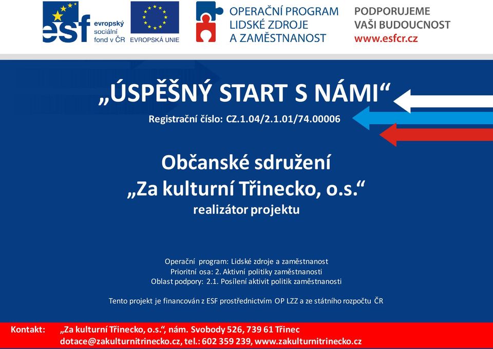 é sdružení Za kulturní Třinecko, o.s. realizátor projektu Operační program: Lidské zdroje a zaměstnanost Prioritní osa: 2.