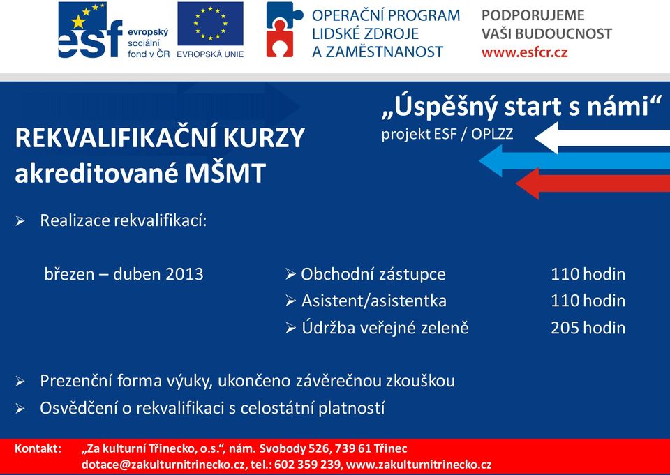 110 hodin Údržba veřejné zeleně 205 hodin Prezenční forma výuky,