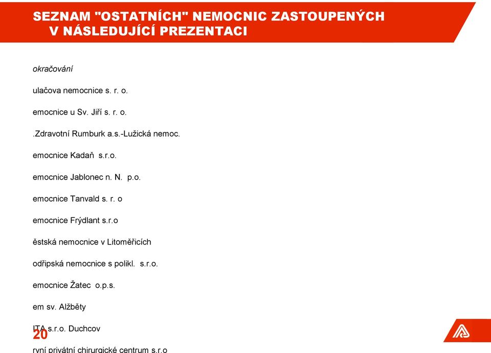 r. o emocnice Frýdlant s.r.o ěstská nemocnice v Litoměřicích odřipská nemocnice s polikl. s.r.o. emocnice Žatec o.