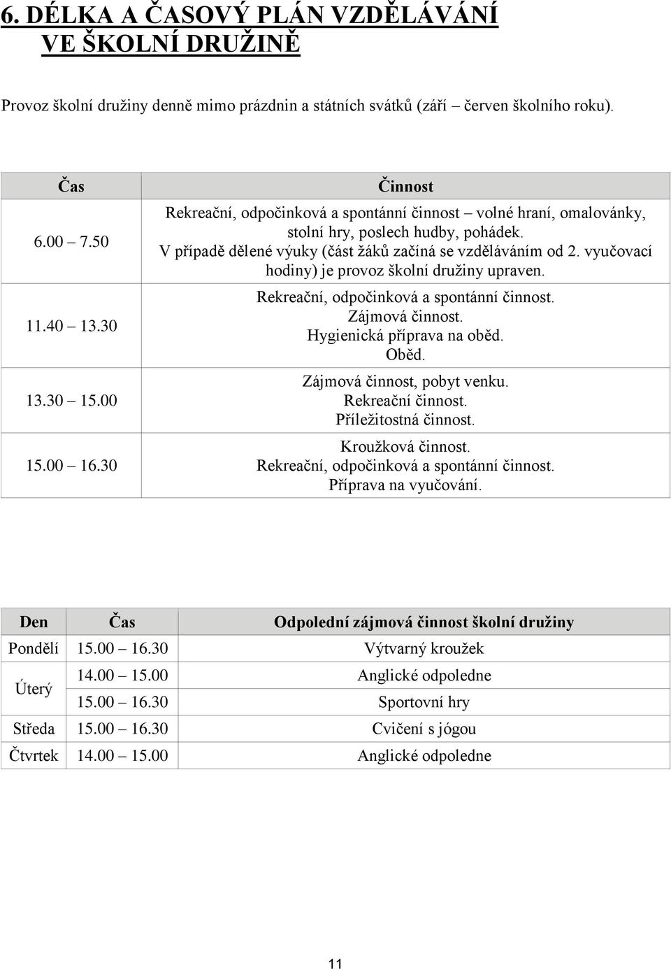 vyučovací hodiny) je provoz školní družiny upraven. Rekreační, odpočinková a spontánní činnost. Zájmová činnost. Hygienická příprava na oběd. Oběd. Zájmová činnost, pobyt venku. Rekreační činnost.