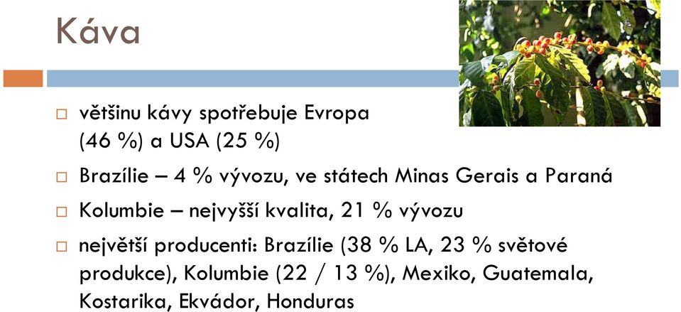 % vývozu největší producenti: Brazílie (38 % LA, 23 % světové