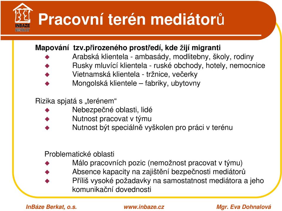 nemocnice Vietnamská klientela - tržnice, večerky Mongolská klientele fabriky, ubytovny Rizika spjatá s terénem Nebezpečné oblasti, lidé Nutnost