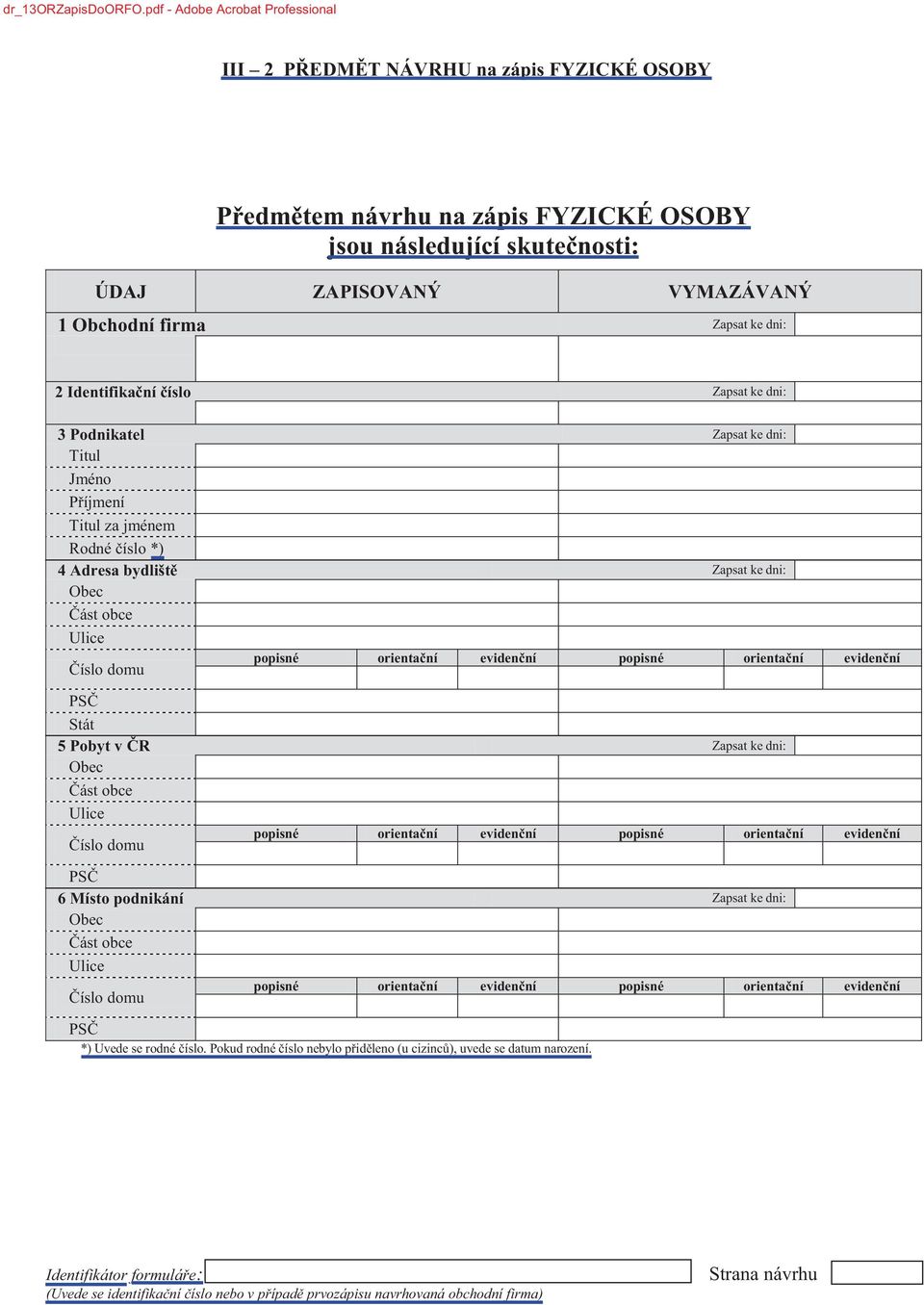 Obchodní firma Zapsat ke dni: 2 Identifikační číslo Zapsat ke dni: 3 Podnikatel Zapsat ke dni: Titul Jméno Příjmení Titul za jménem Rodné číslo *) 4