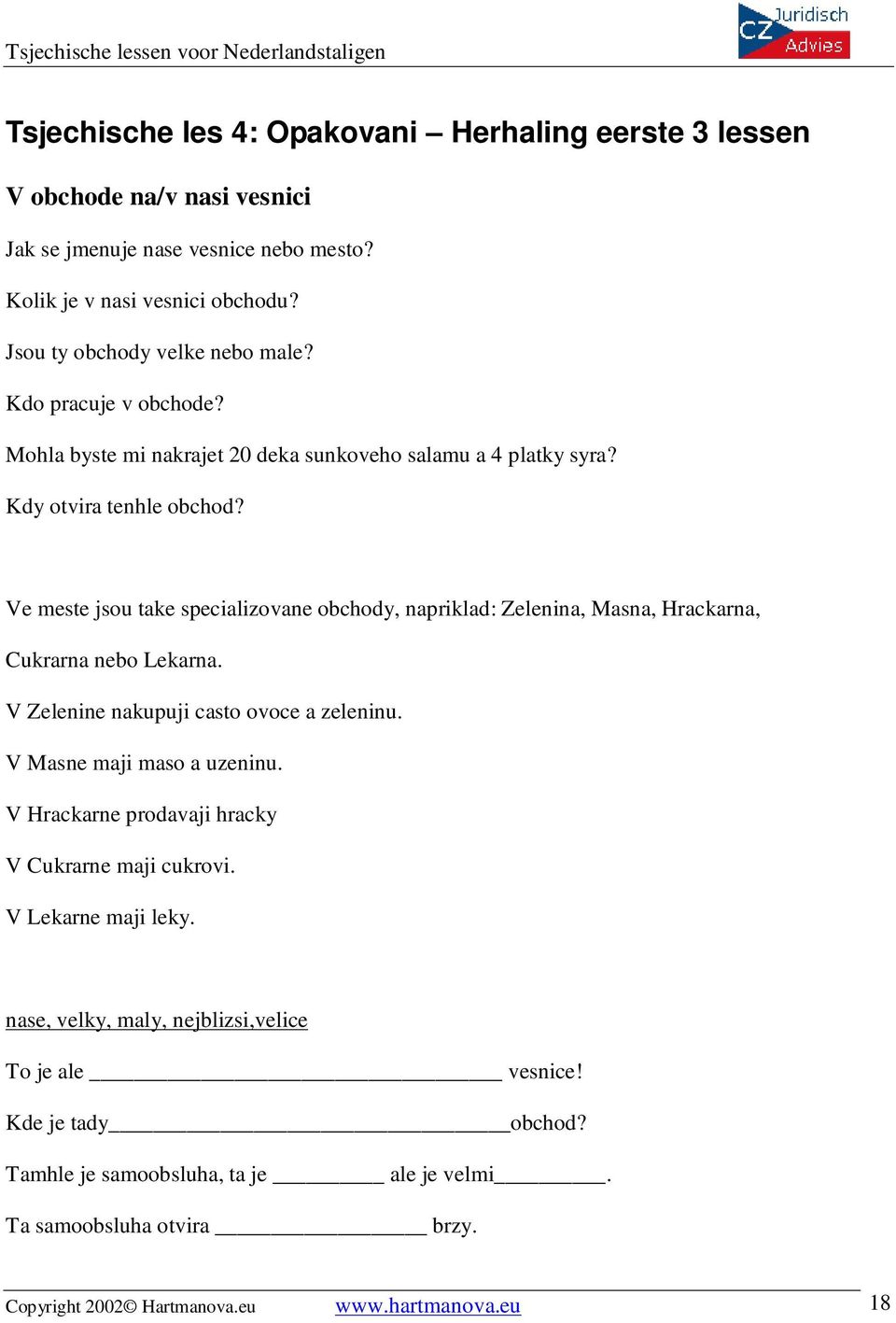 Ve meste jsou take specializovane obchody, napriklad: Zelenina, Masna, Hrackarna, Cukrarna nebo Lekarna. V Zelenine nakupuji casto ovoce a zeleninu. V Masne maji maso a uzeninu.