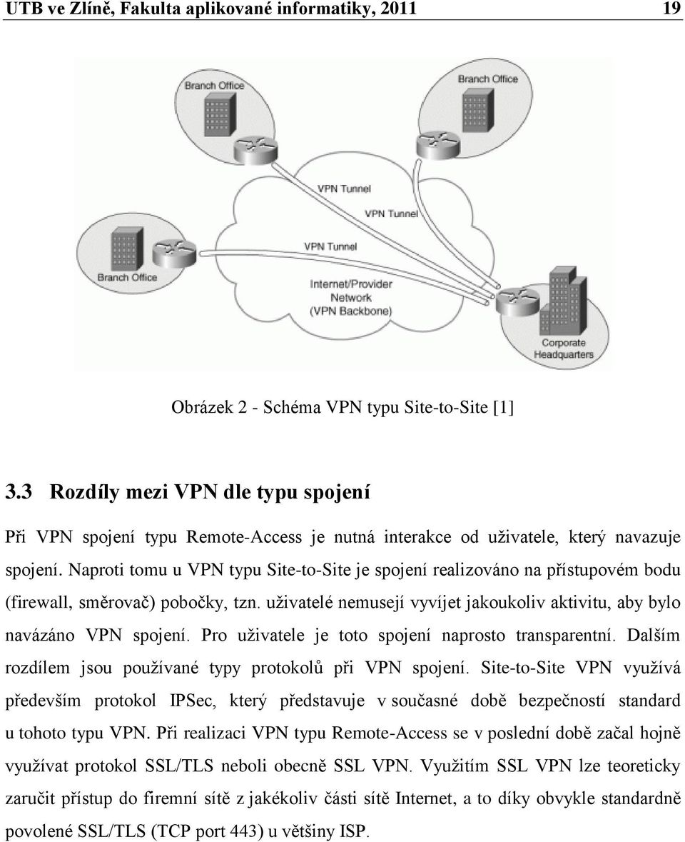 Naproti tomu u VPN typu Site-to-Site je spojení realizováno na přístupovém bodu (firewall, směrovač) pobočky, tzn. uţivatelé nemusejí vyvíjet jakoukoliv aktivitu, aby bylo navázáno VPN spojení.