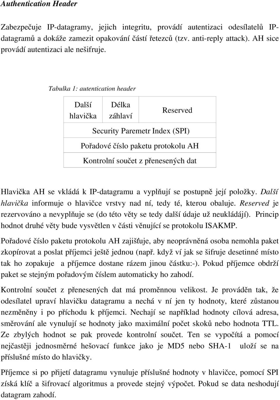 Tabulka 1: autentication header Další hlavička Délka záhlaví Reserved Security Paremetr Index (SPI) Pořadové číslo paketu protokolu AH Kontrolní součet z přenesených dat Hlavička AH se vkládá k IP