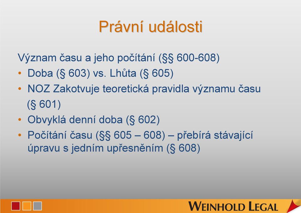Lhůta ( 605) NOZ Zakotvuje teoretická pravidla významu času