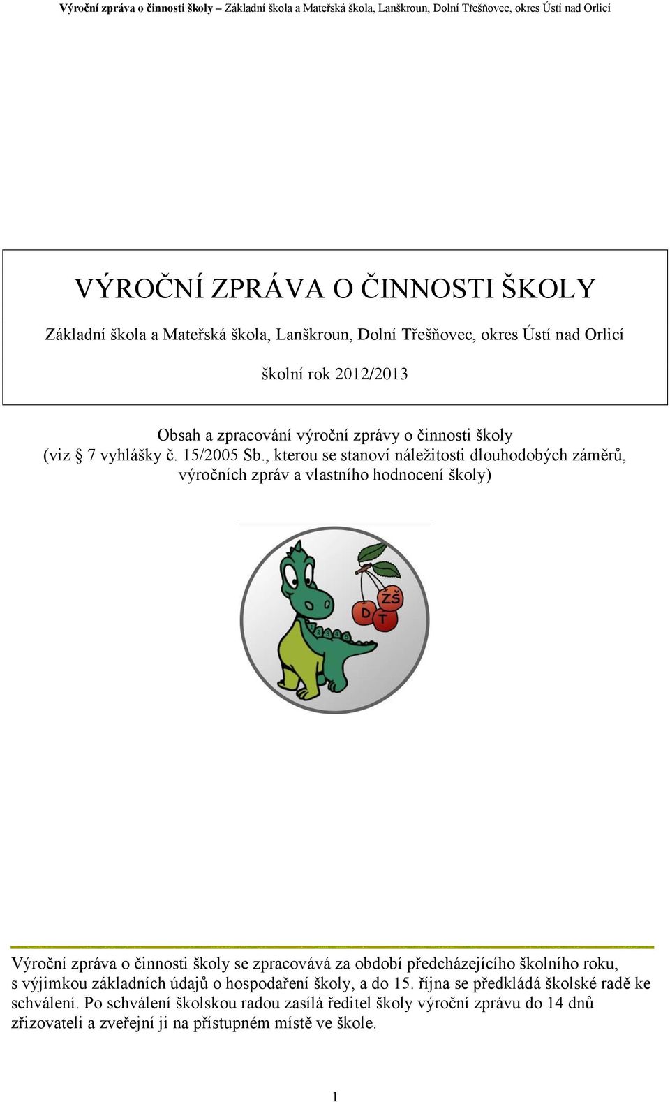 , kterou se stanoví náležitosti dlouhodobých záměrů, výročních zpráv a vlastního hodnocení školy) Výroční zpráva o činnosti školy se zpracovává za období