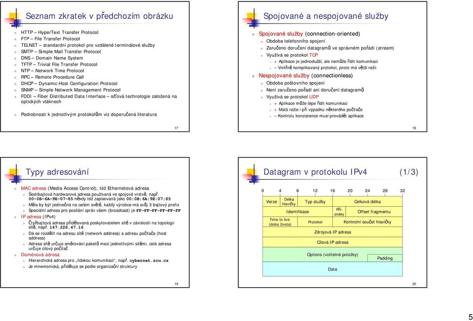 Distributed Interface síťová technologie založená na optických vláknech Podrobnosti k jednotlivým protokolům viz doporučená literatura Spojované a nespojované služby Spojované služby