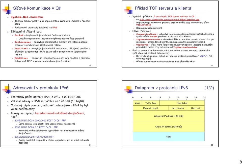 synchronní i asynchronní přenos dat celé řady protokolů TcpListener poskytuje jednoduché metody pro listen a accept, pracuje v synchronním (blokujícím) režimu TcpClient poskytuje jednoduché metody