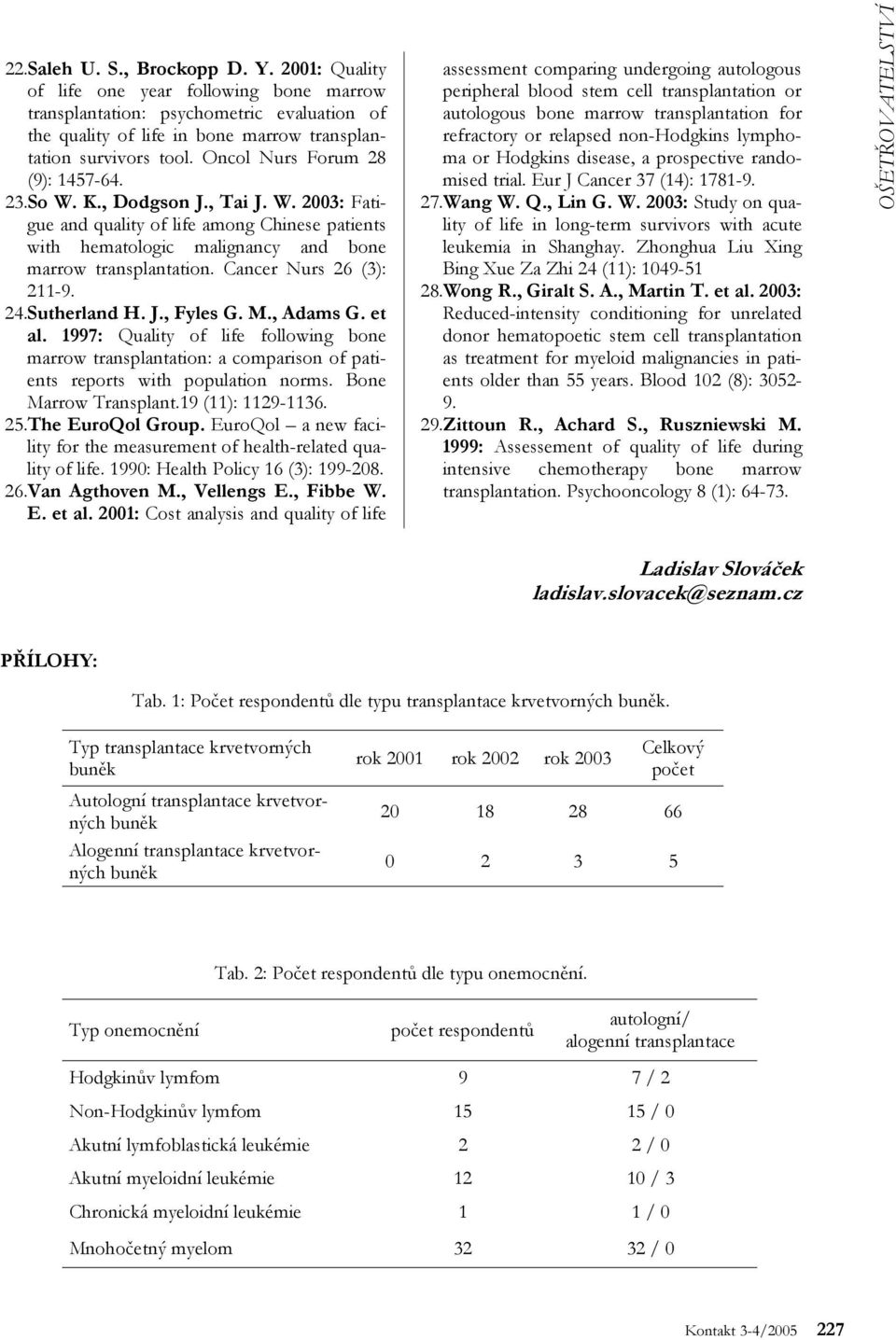 Cancer Nurs 26 (3): 211-9. 24.Sutherland H. J., Fyles G. M., Adams G. et al. 1997: Quality of life following bone marrow transplantation: a comparison of patients reports with population norms.