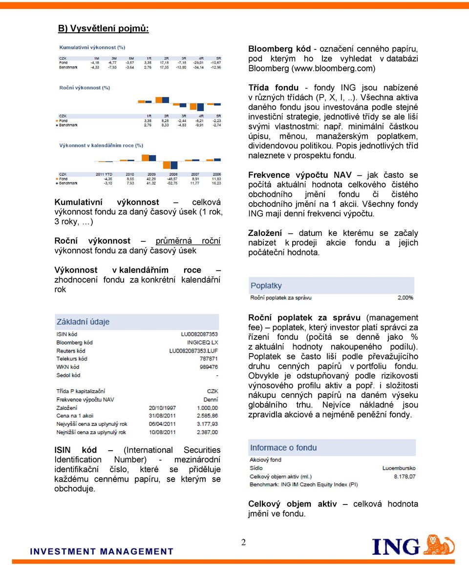 Kumulativní výkonnost celková výkonnost fondu za daný časový úsek (1 rok, 3 roky, ) Roční výkonnost průměrná roční výkonnost fondu za daný časový úsek Frekvence výpočtu NAV jak často se počítá