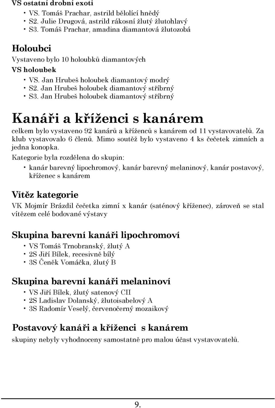 Jan Hrubeš holoubek diamantový stříbrný Kanáři a kříženci s kanárem celkem bylo vystaveno 92 kanárů a kříženců s kanárem od 11 vystavovatelů. Za klub vystavovalo 6 členů.