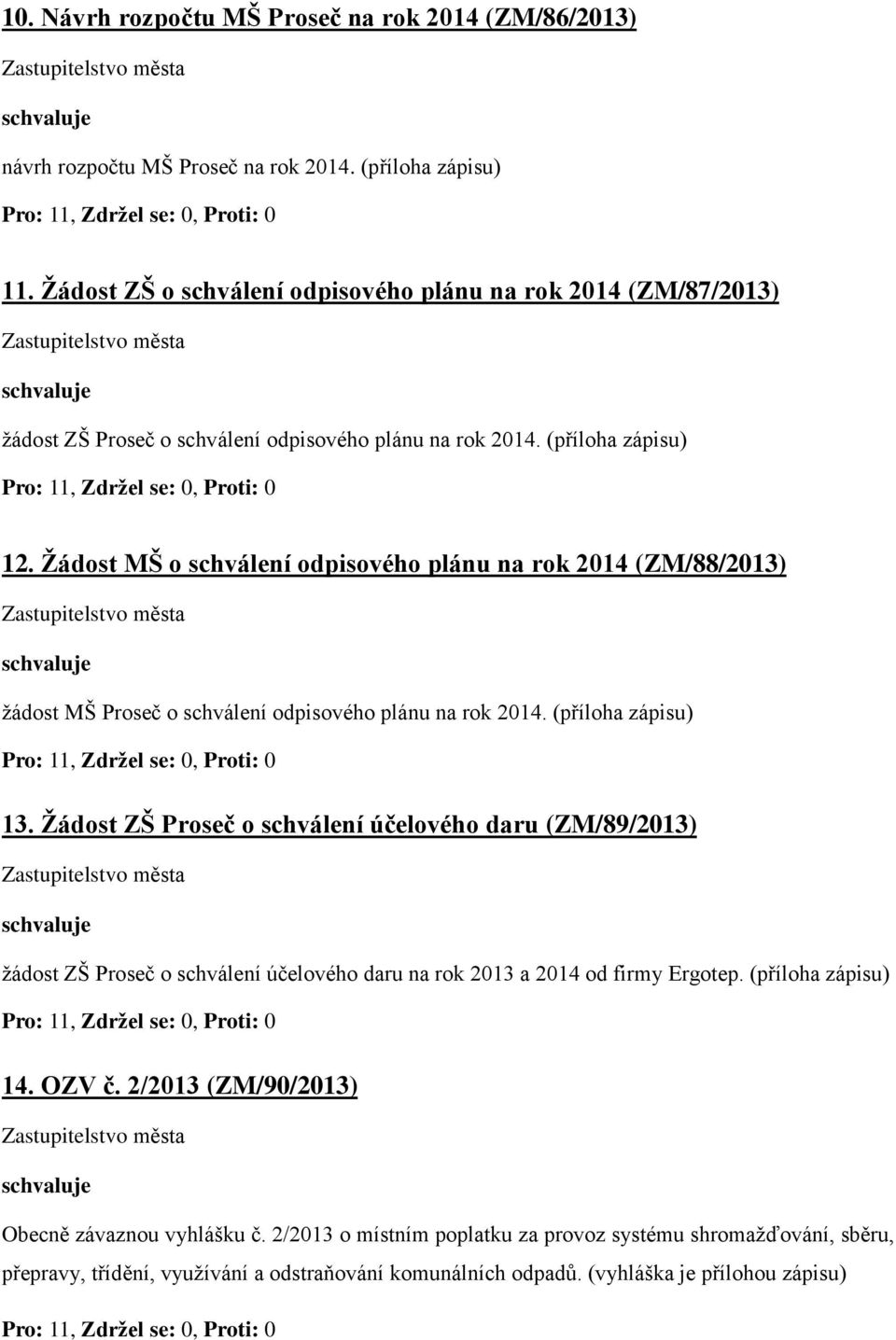 Žádost MŠ o schválení odpisového plánu na rok 2014 (ZM/88/2013) žádost MŠ Proseč o schválení odpisového plánu na rok 2014. (příloha zápisu) 13.