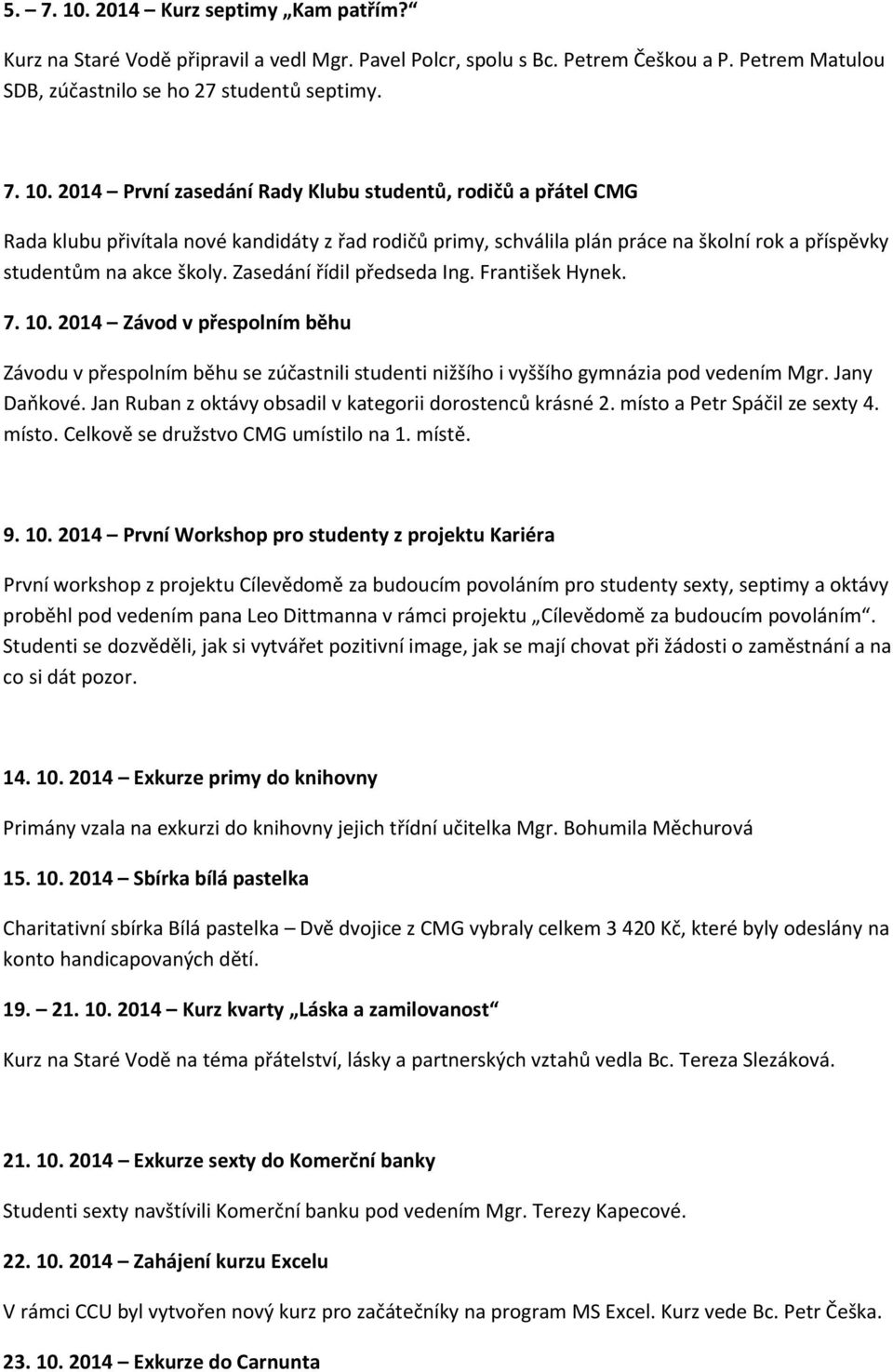 Jan Ruban z oktávy obsadil v kategorii dorostenců krásné 2. místo a Petr Spáčil ze sexty 4. místo. Celkově se družstvo CMG umístilo na 1. místě. 9. 10.