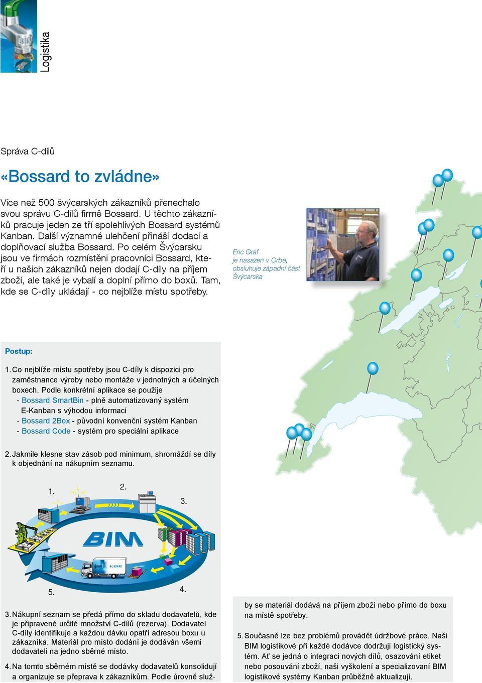 Po celém Švýcarsku jsou ve firmách rozmístěni pracovníci Bossard, kte- ří u našich zákazníků nejen dodají C-díly na příjem zboží, ale také je vybalí a doplní přímo do boxů.