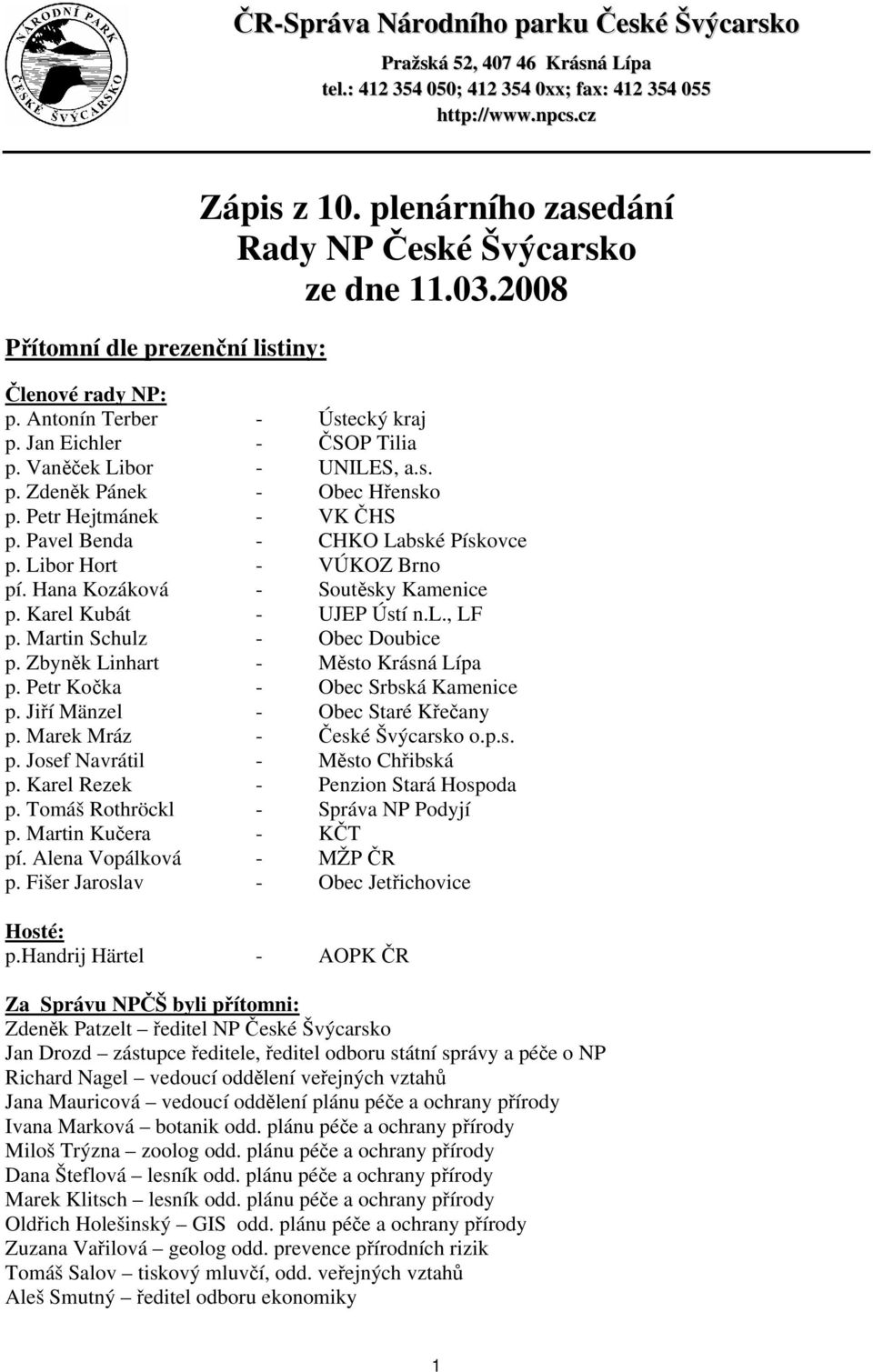 Petr Hejtmánek - VK ČHS p. Pavel Benda - CHKO Labské Pískovce p. Libor Hort - VÚKOZ Brno pí. Hana Kozáková - Soutěsky Kamenice p. Karel Kubát - UJEP Ústí n.l., LF p. Martin Schulz - Obec Doubice p.