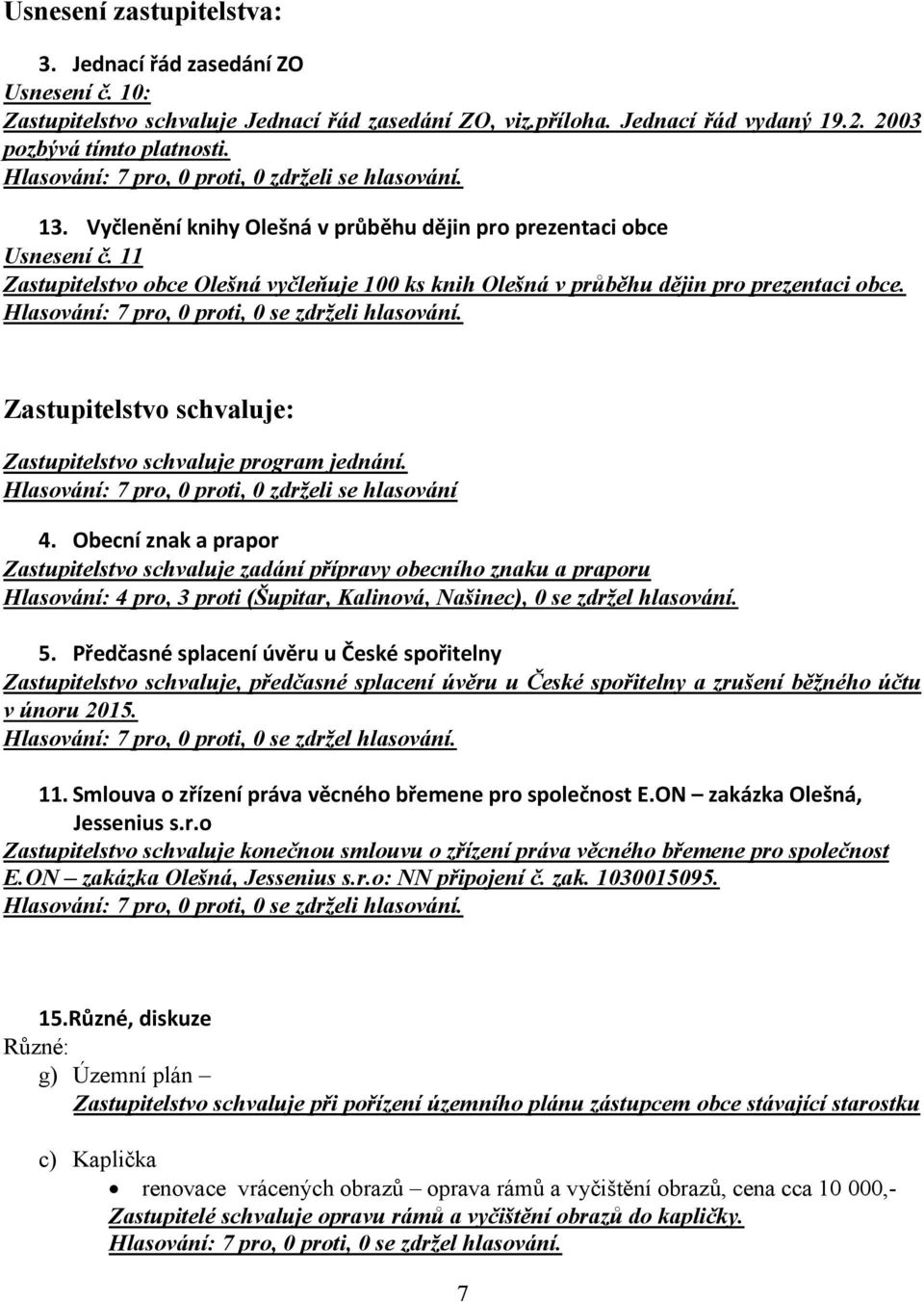 11 Zastupitelstvo obce Olešná vyčleňuje 100 ks knih Olešná v průběhu dějin pro prezentaci obce. Hlasování: 7 pro, 0 proti, 0 se zdrželi hlasování.