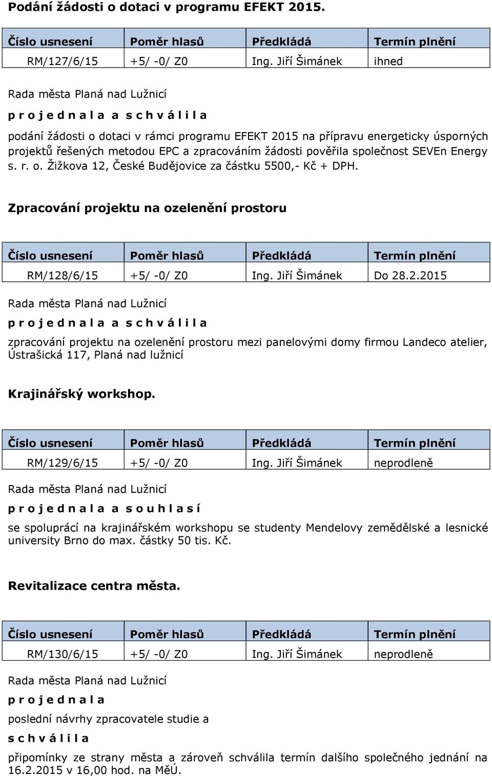 Zpracování projektu na ozelenění prostoru RM/128/6/15 +5/ -0/ Z0 Ing. Jiří Šimánek Do 28.2.2015 zpracování projektu na ozelenění prostoru mezi panelovými domy firmou Landeco atelier, Ústrašická 117, Planá nad lužnicí Krajinářský workshop.