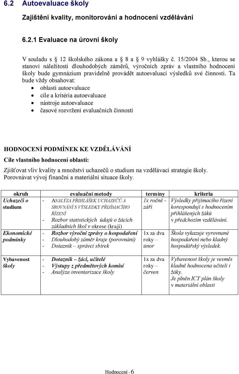 Ta bude vždy obsahovat: oblasti autoevaluace cíle a kritéria autoevaluace nástroje autoevaluace časové rozvržení evaluačních činností HODNOCENÍ PODMÍNEK KE VZDĚLÁVÁNÍ Zjišťovat vliv kvality a