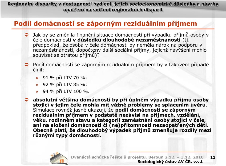 Podíl domácností se záporným reziduálním příjmem by v takovém případě činil:» 91 % při LTV 70 %;» 92 % při LTV 85 %;» 94 % při LTV 100 %.