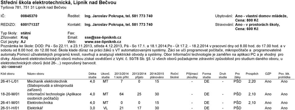 581 773 740 Stravování: Ano - v prostorách školy, Cena: 600 Kč Typ školy: státní Fax: Zřizovatel: Kraj Email: sse@sse-lipniknb.cz Cizí jazyky: AJ Web: www.sse-lipniknb.cz Poznámka ke škole: DOD: Pá - So 22.