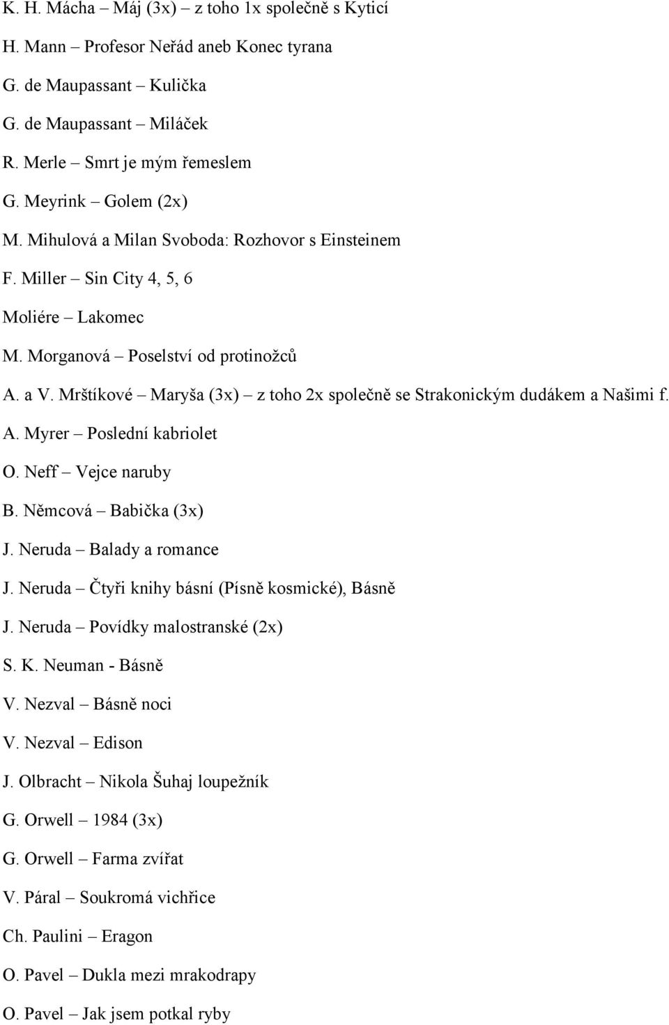 Mrštíkové Maryša (3x) z toho 2x společně se Strakonickým dudákem a Našimi f. A. Myrer Poslední kabriolet O. Neff Vejce naruby B. Němcová Babička (3x) J. Neruda Balady a romance J.