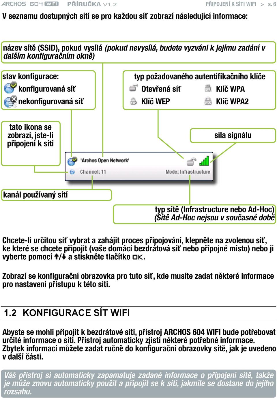 konfigurace: konfigurovaná síť nekonfigurovaná síť typ požadovaného autentifikačního klíče Otevřená síť Klíč WPA Klíč WEp Klíč WPA2 tato ikona se zobrazí, jste-li připojeni k síti síla signálu kanál