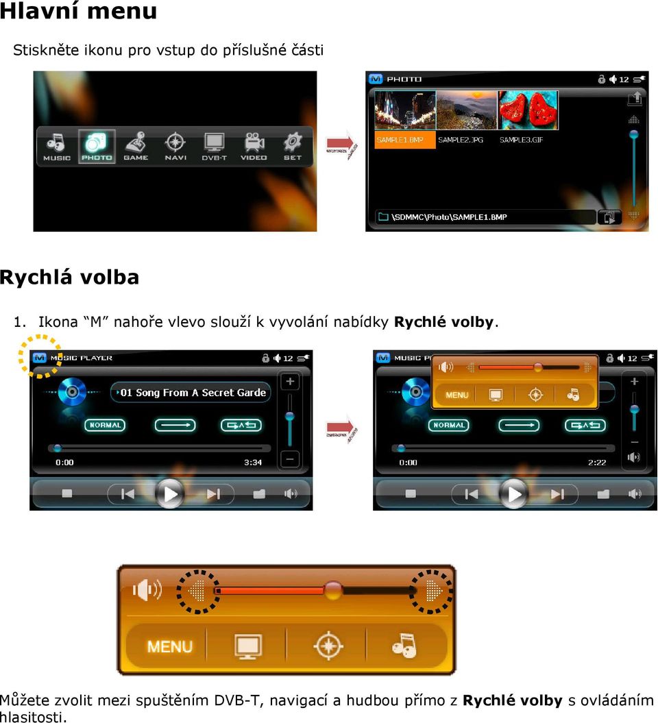 Ikona M nahoře vlevo slouží k vyvolání nabídky Rychlé