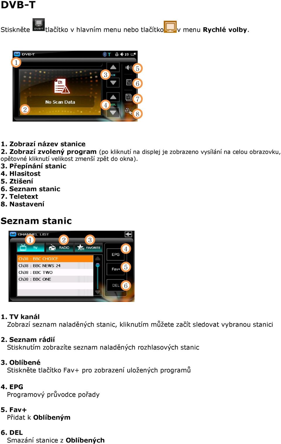 Ztišení 6. Seznam stanic 7. Teletext 8. Nastavení Seznam stanic 1 2 3 4 5 6 1. TV kanál Zobrazí seznam naladěných stanic, kliknutím můžete začít sledovat vybranou stanici 2.