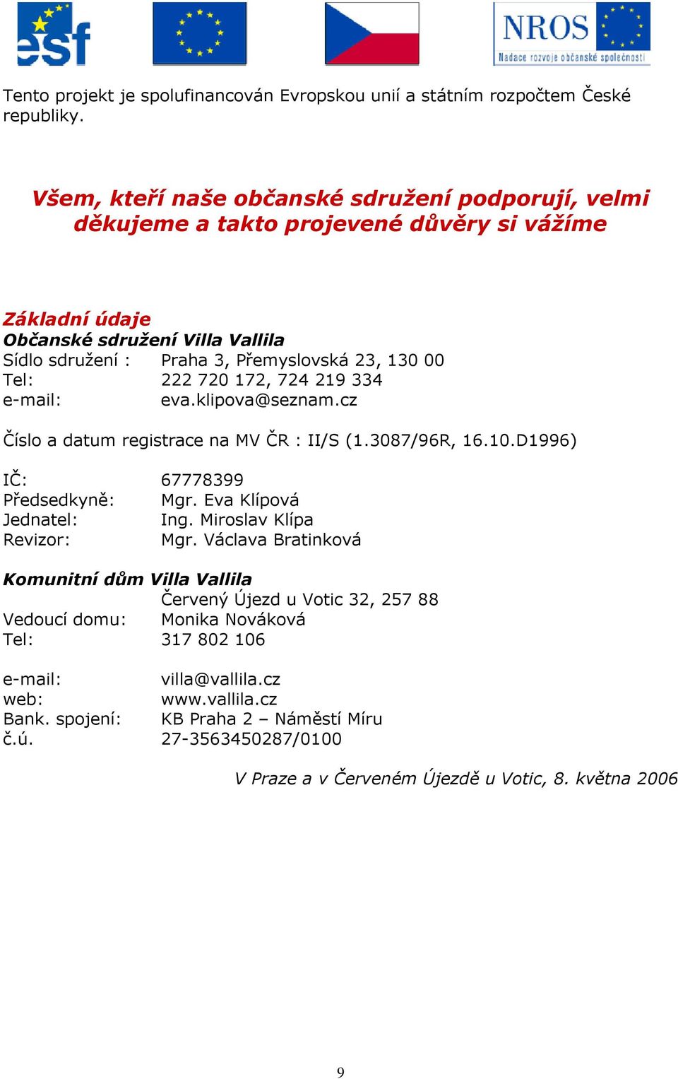 Tel: 222 720 172, 724 219 334 e-mail: eva.klipova@seznam.cz Číslo a datum registrace na MV ČR : II/S (1.3087/96R, 16.10.D1996) IČ: 67778399 Předsedkyně: Mgr. Eva Klípová Jednatel: Ing.