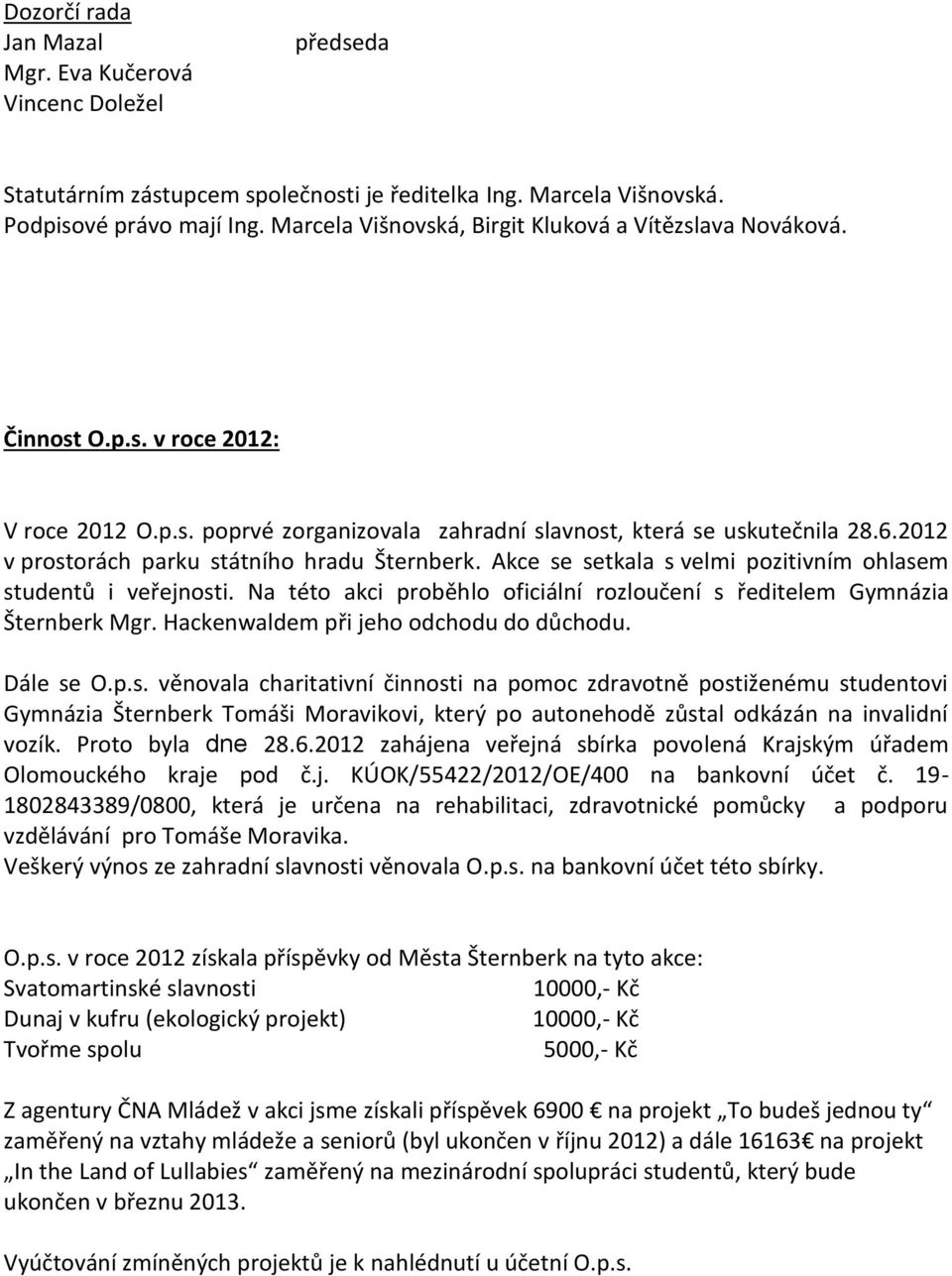 2012 v prostorách parku státního hradu Šternberk. Akce se setkala s velmi pozitivním ohlasem studentů i veřejnosti. Na této akci proběhlo oficiální rozloučení s ředitelem Gymnázia Šternberk Mgr.