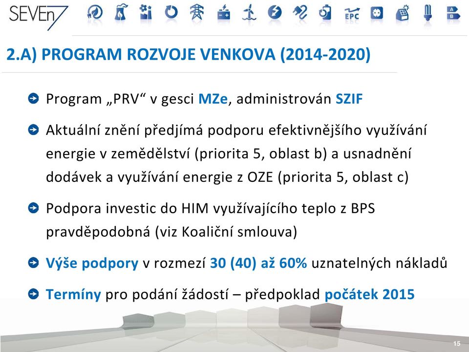 energie z OZE (priorita 5, oblast c) Podpora investic do HIM využívajícího teplo z BPS pravděpodobná (viz