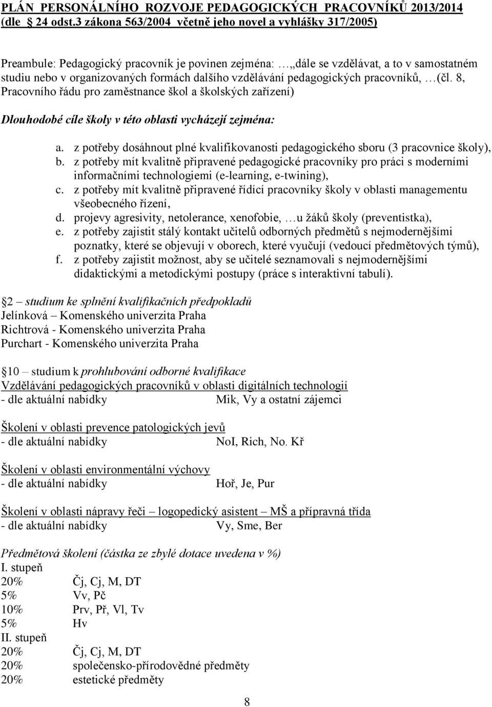 vzdělávání pedagogických pracovníků, (čl. 8, Pracovního řádu pro zaměstnance škol a školských zařízení) Dlouhodobé cíle školy v této oblasti vycházejí zejména: a.
