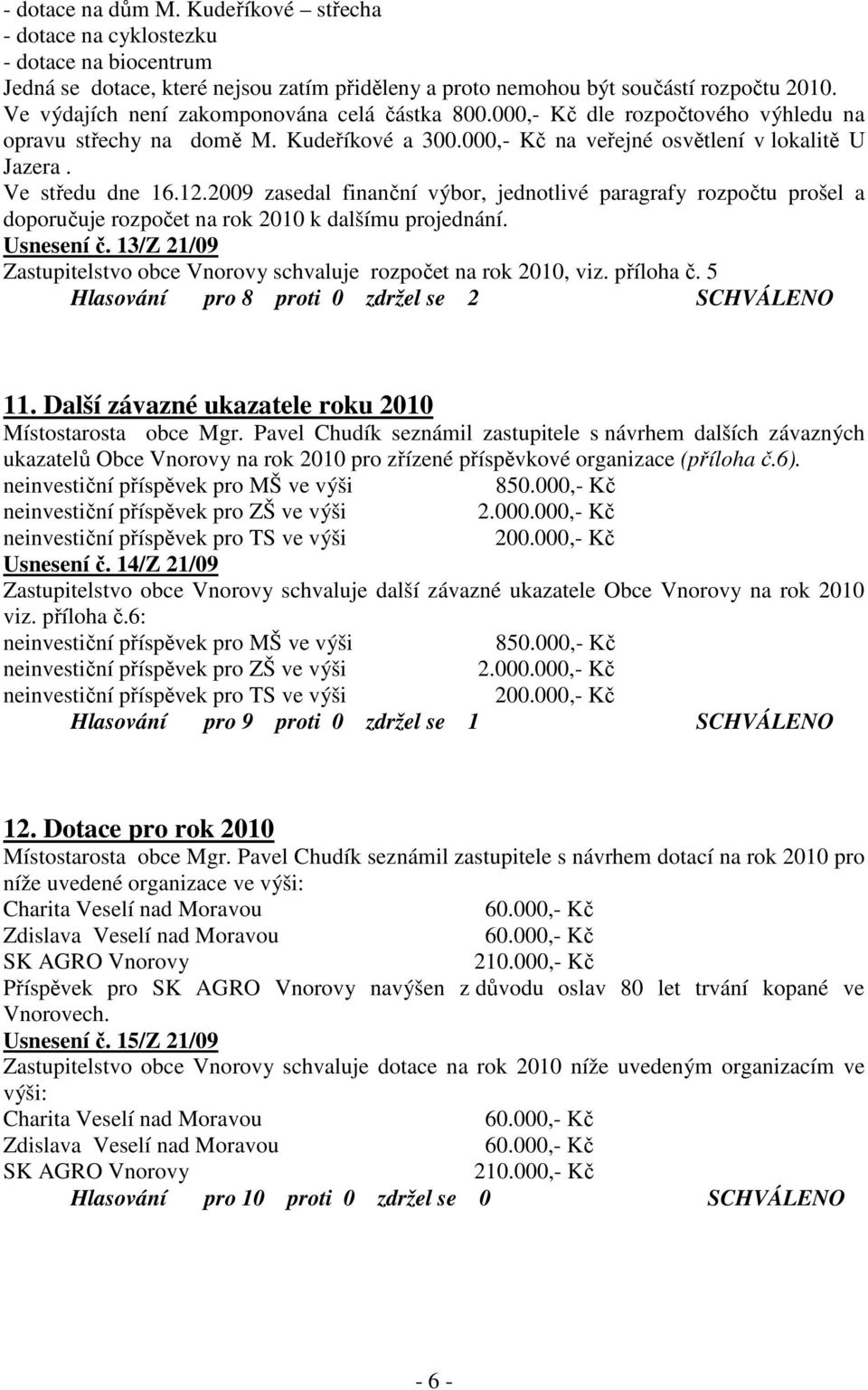 2009 zasedal finanční výbor, jednotlivé paragrafy rozpočtu prošel a doporučuje rozpočet na rok 2010 k dalšímu projednání. Usnesení č.