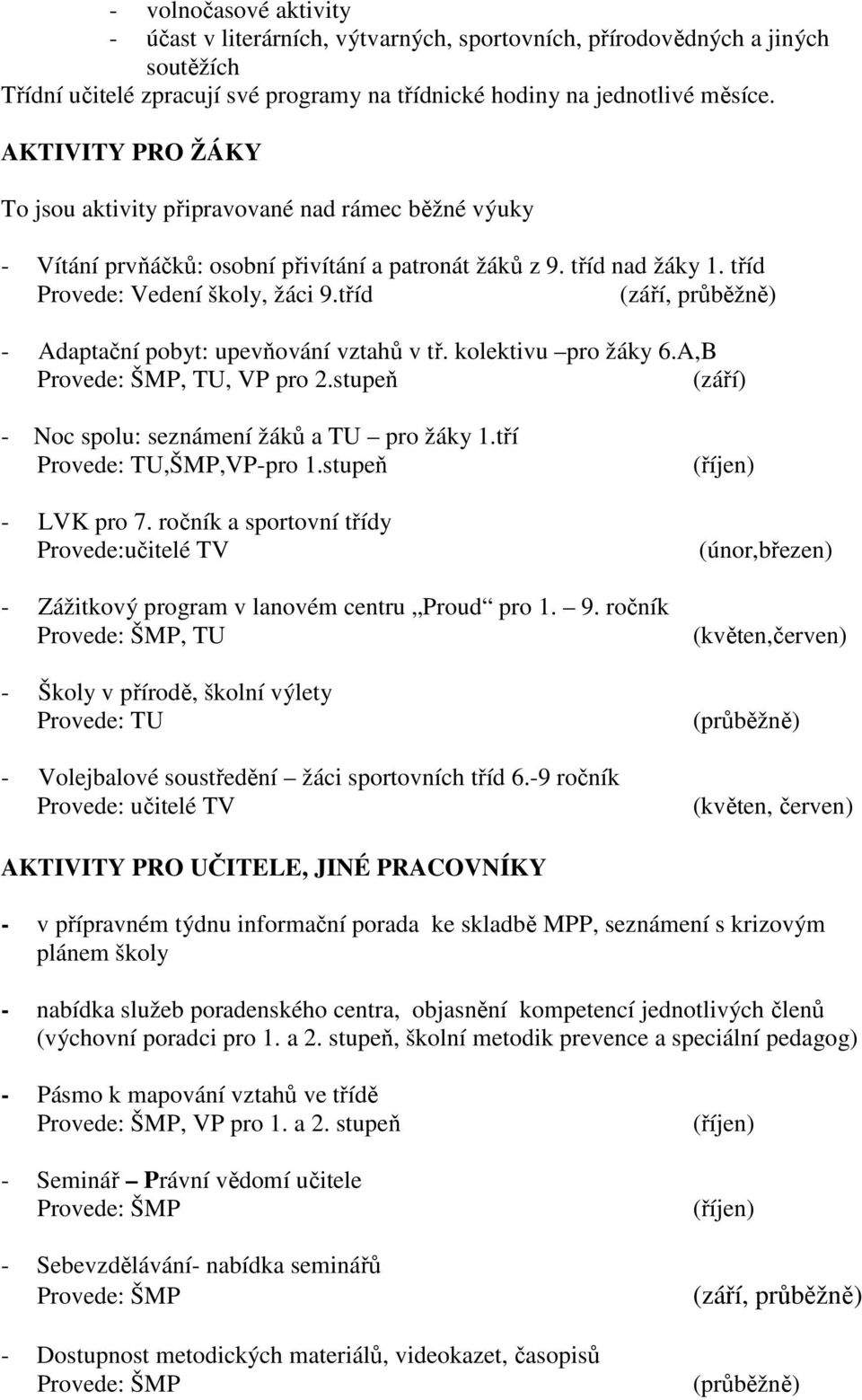 tříd (září, průběžně) - Adaptační pobyt: upevňování vztahů v tř. kolektivu pro žáky 6.A,B, TU, VP pro 2.stupeň (září) - Noc spolu: seznámení žáků a TU pro žáky 1.tří Provede: TU,ŠMP,VP-pro 1.