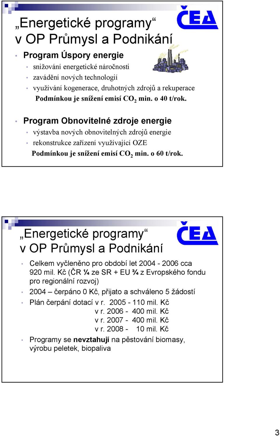 o 60 t/rok. Energetické programy v OP Průmysl a Podnikání Celkem vyčleněno pro období let 2004-2006 cca 920 mil.