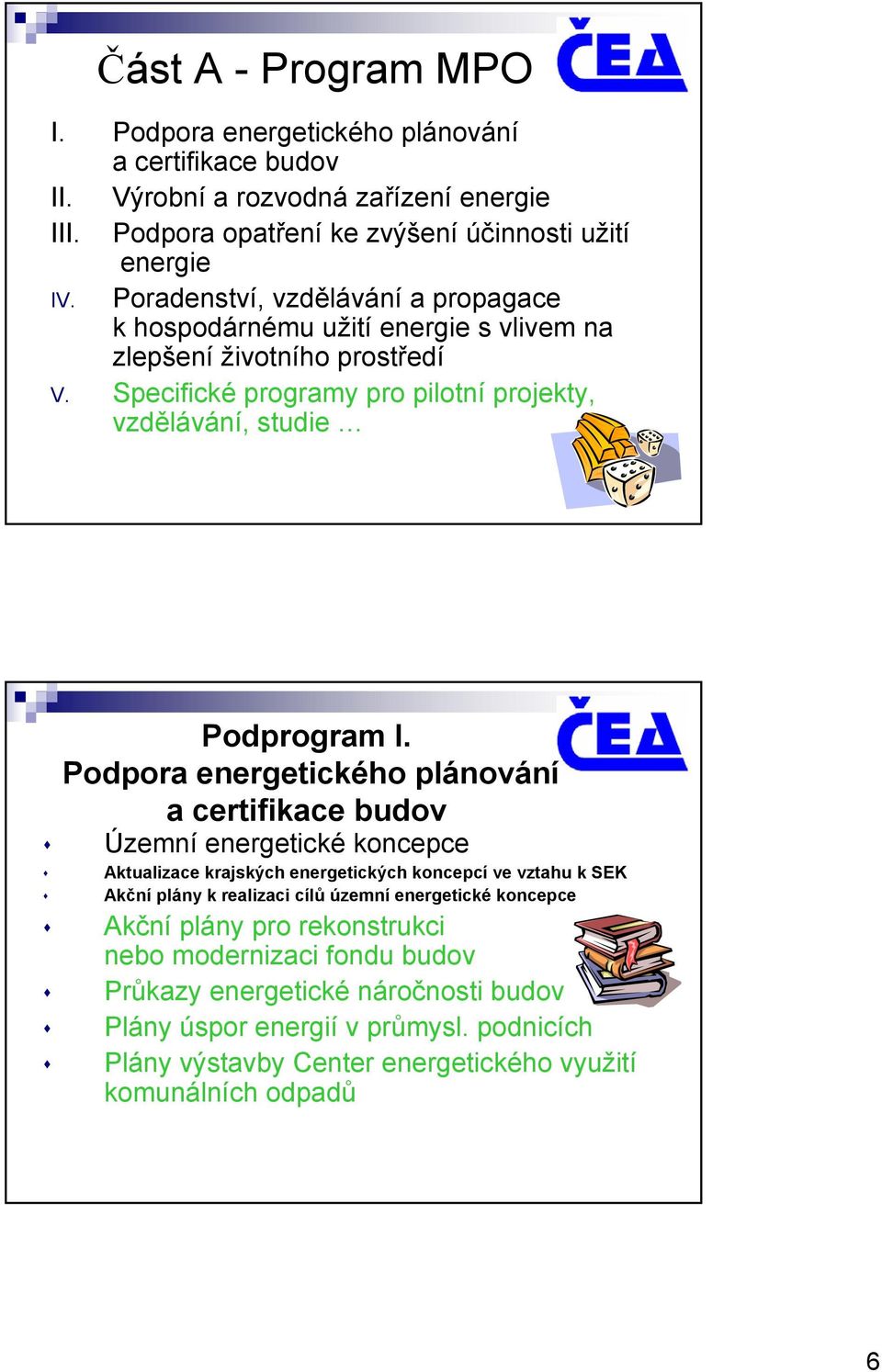 Podpora energetického plánování a certifikace budov Územní energetické koncepce Aktualizace krajských energetických koncepcí ve vztahu k SEK Akční plány k realizaci cílů územní energetické