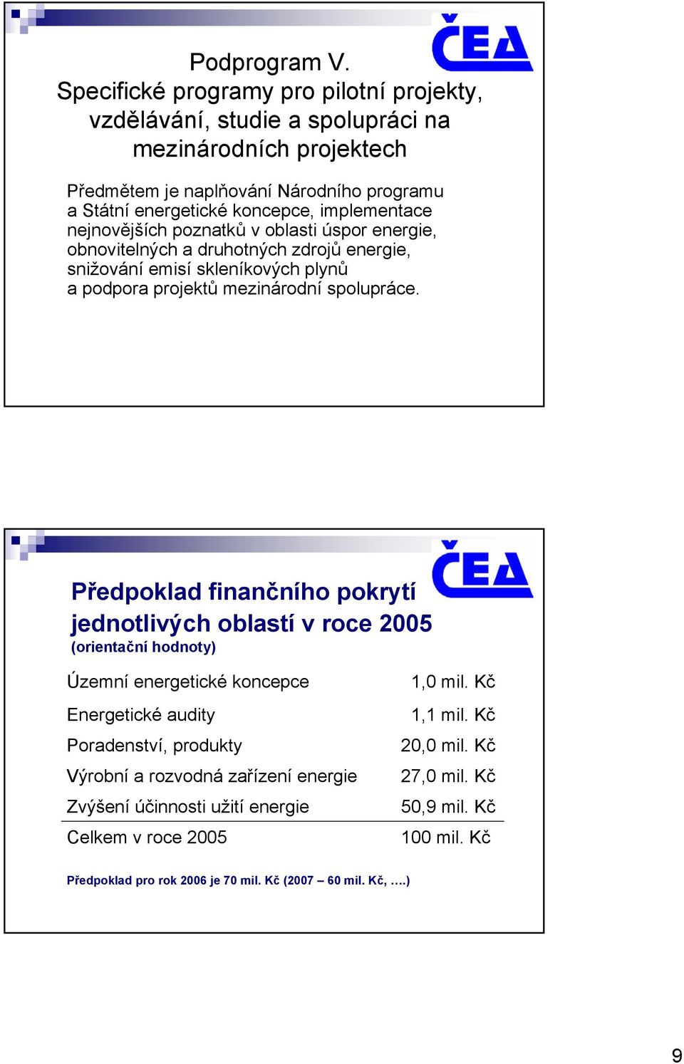 implementace nejnovějších poznatků v oblasti úspor energie, obnovitelných a druhotných zdrojů energie, snižování emisí skleníkových plynů a podpora projektů mezinárodní spolupráce.