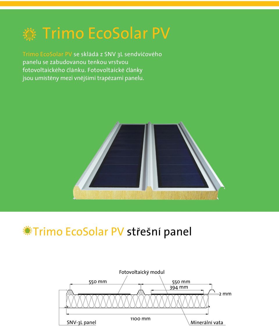 Fotovoltaické články jsou umístěny mezi vnějšími trapézami panelu.