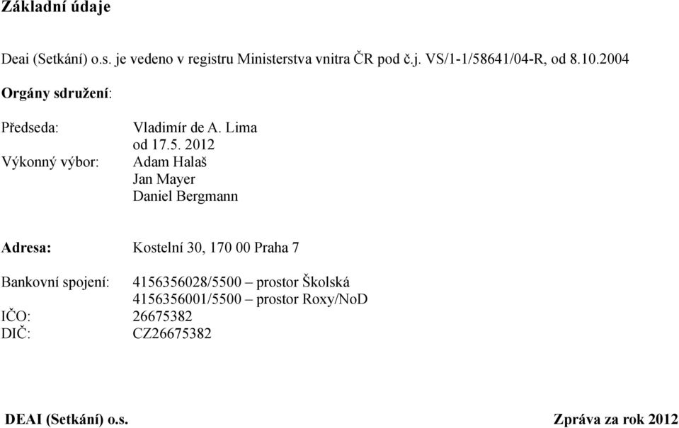 2012 Adam Halaš Jan Mayer Daniel Bergmann Adresa: Kostelní 30, 170 00 Praha 7 Bankovní spojení: