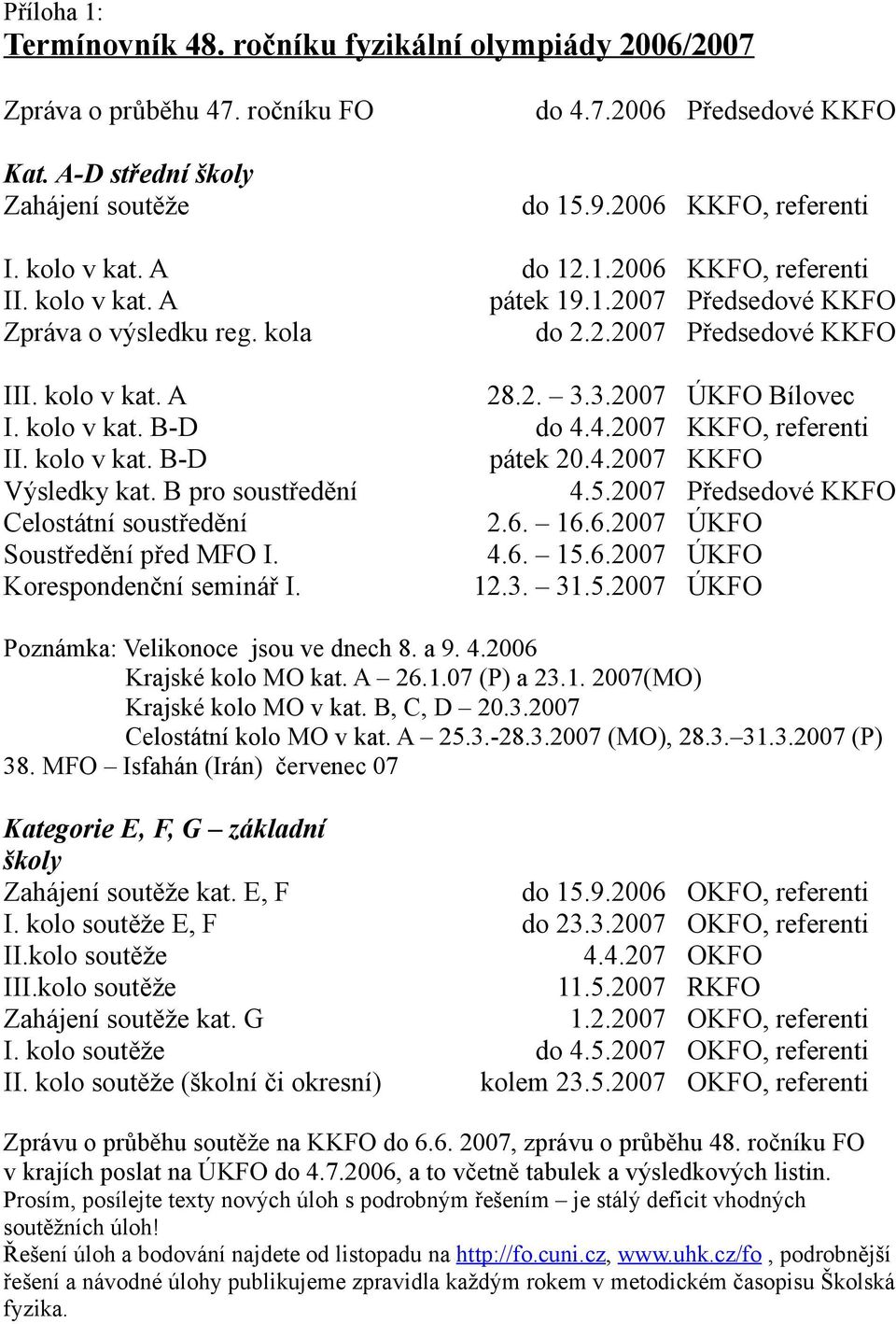 kolo v kat. B-D do 4.4.2007 KKFO, referenti II. kolo v kat. B-D pátek 20.4.2007 KKFO Výsledky kat. B pro soustředění 4.5.2007 Předsedové KKFO Celostátní soustředění 2.6.