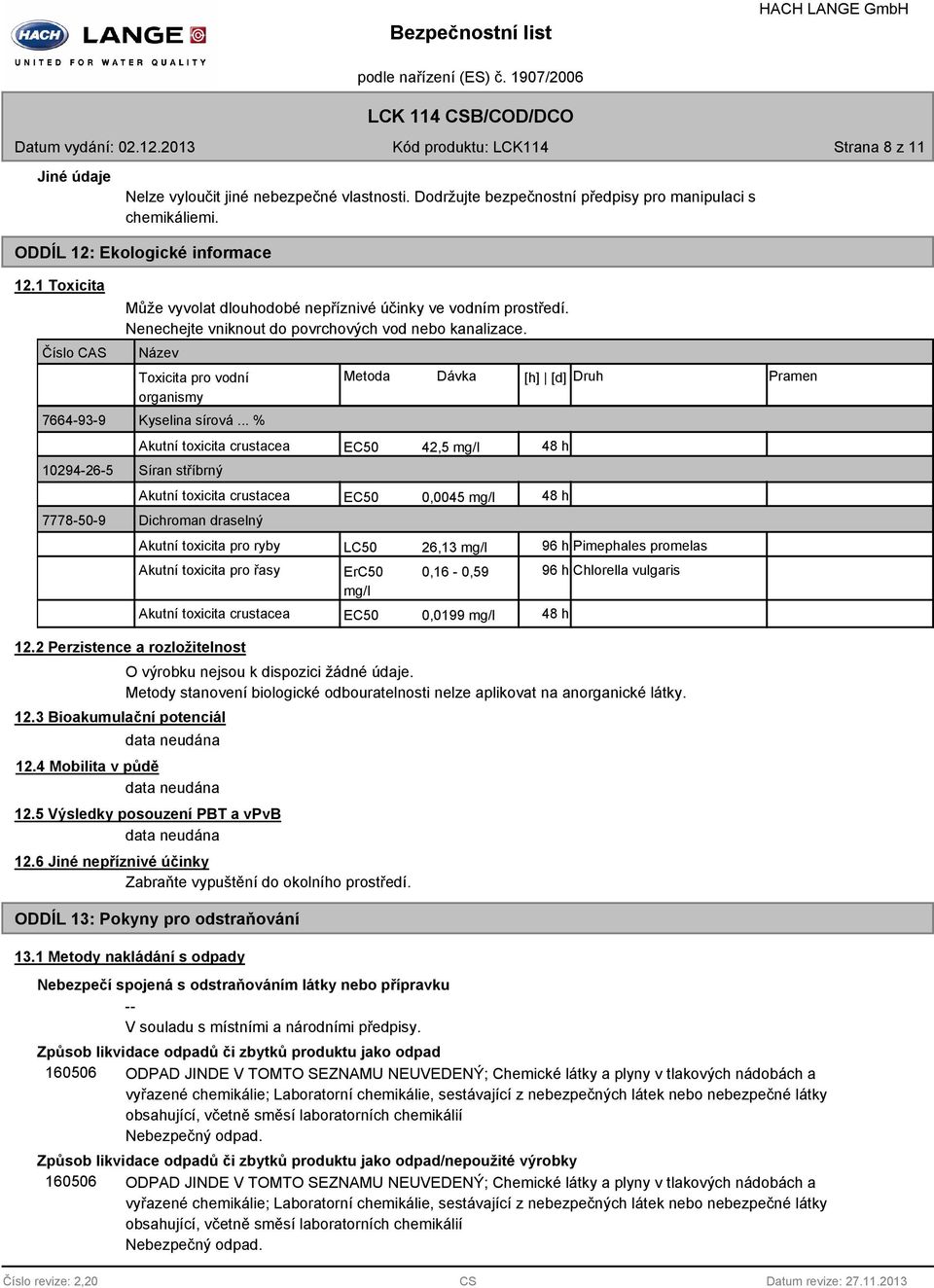 Název Toxicita pro vodní organismy Kyselina sírová.