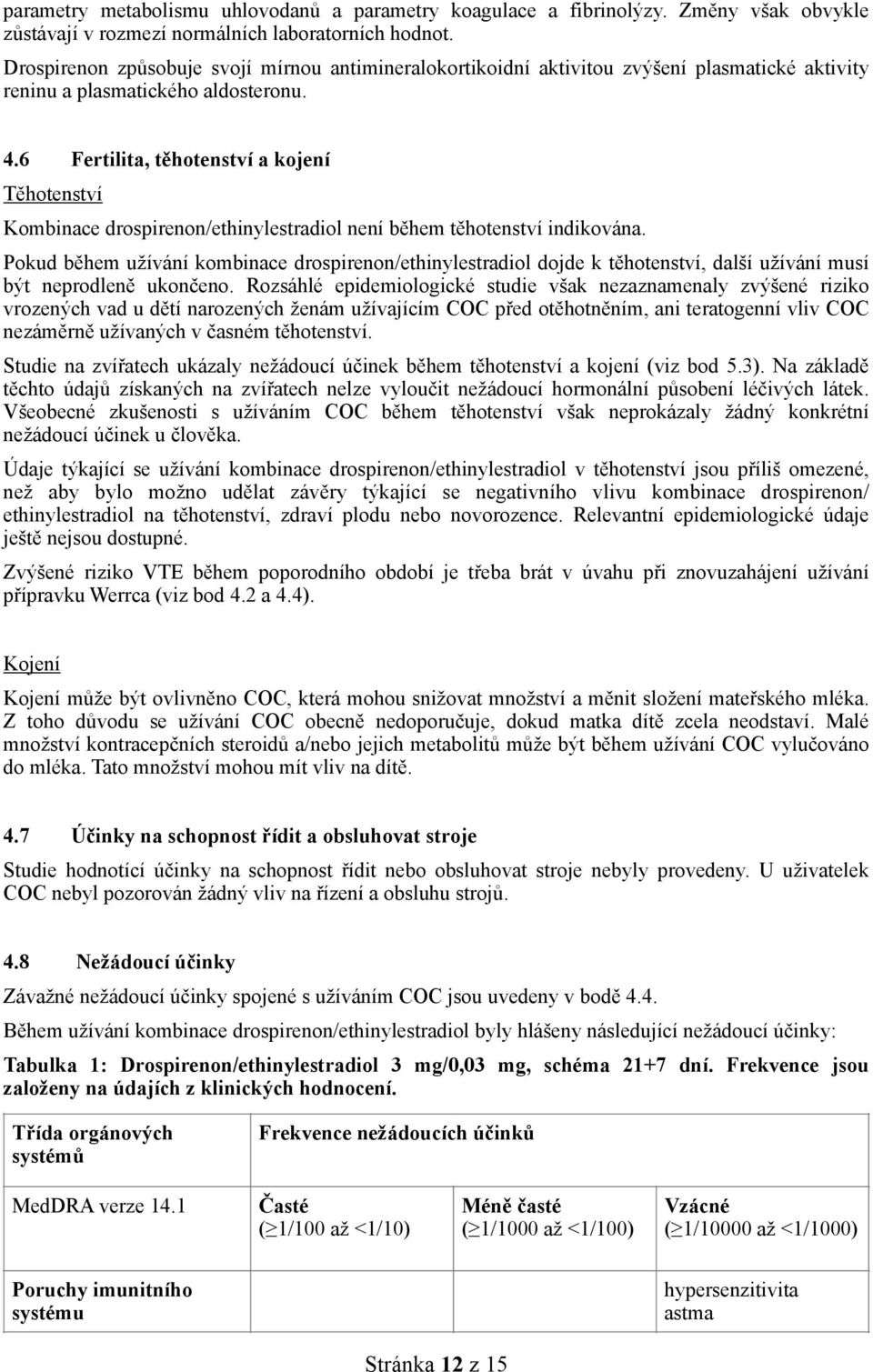 6 Fertilita, těhotenství a kojení Těhotenství Kombinace drospirenon/ethinylestradiol není během těhotenství indikována.