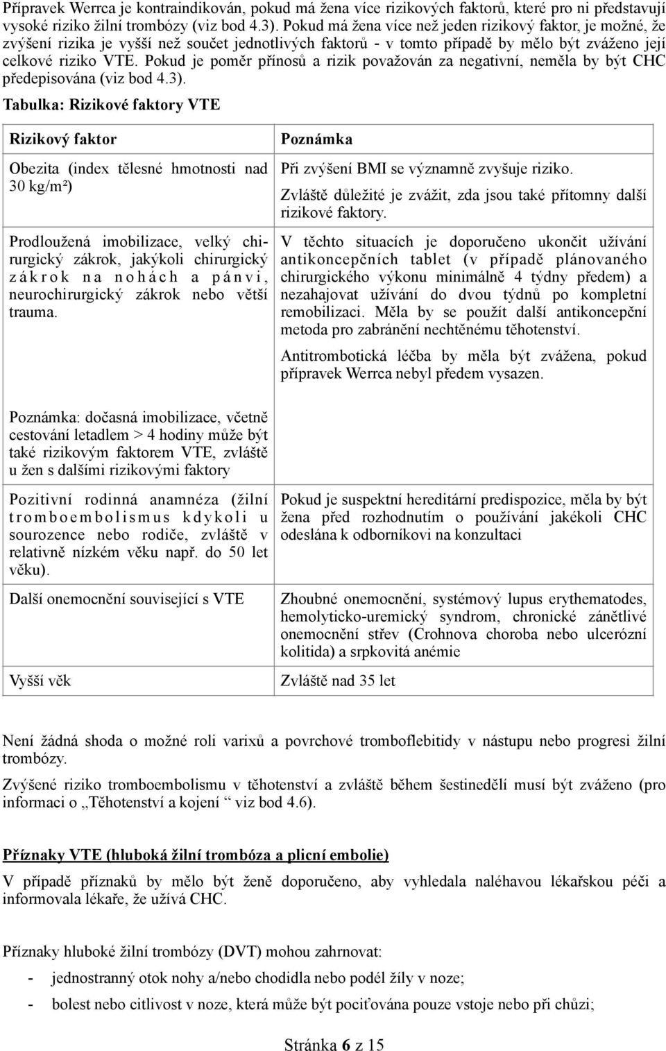 Pokud je poměr přínosů a rizik považován za negativní, neměla by být CHC předepisována (viz bod 4.3).