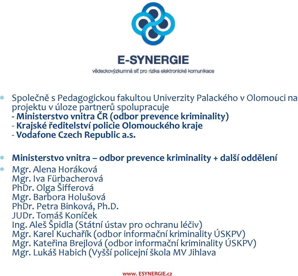 Iva Fürbacherová PhDr. Olga Šifferová Mgr. Barbora Holušová PhDr. Petra Binková, Ph.D. JUDr. Tomáš Koníček Ing. Aleš Špidla (Státní ústav pro ochranu léčiv) Mgr.