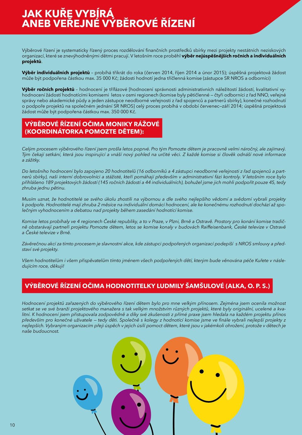 Výběr individuálních projektů probíhá třikrát do roka (červen 2014, říjen 2014 a únor 2015); úspěšná projektová žádost může být podpořena částkou max.