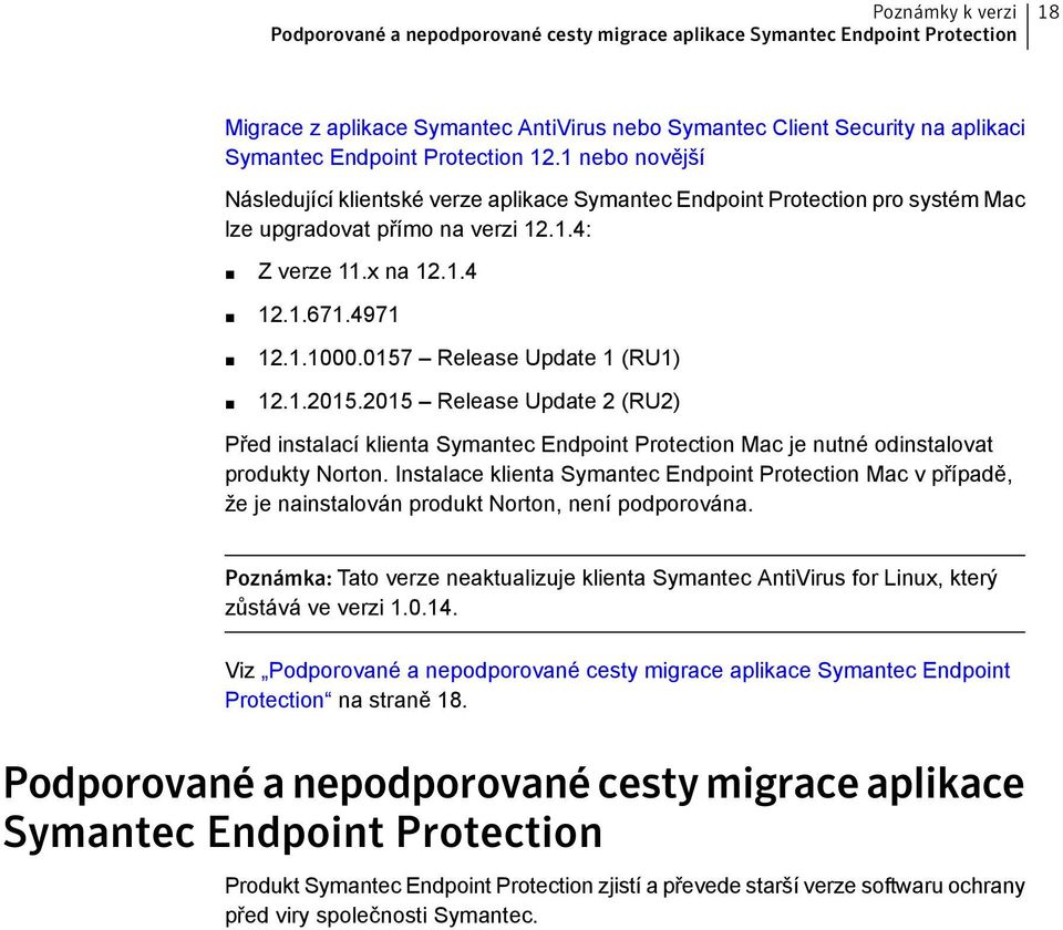 0157 Release Update 1 (RU1) 12.1.2015.2015 Release Update 2 (RU2) Před instalací klienta Symantec Endpoint Protection Mac je nutné odinstalovat produkty Norton.