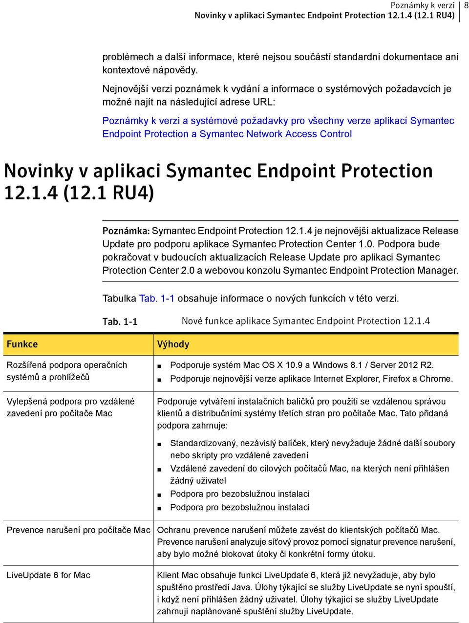 Protection a Symantec Network Access Control Novinky v aplikaci Symantec Endpoint Protection 12.1.4 (12.1 RU4) Poznámka: Symantec Endpoint Protection 12.1.4 je nejnovější aktualizace Release Update pro podporu aplikace Symantec Protection Center 1.