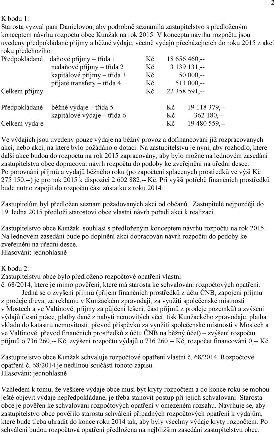 Předpokládané daňové příjmy třída 1 Kč 18 656 460,-- nedaňové příjmy třída 2 Kč 3 139 131,-- kapitálové příjmy třída 3 Kč 50 000,-- přijaté transfery třída 4 Kč 513 000,-- Celkem příjmy Kč 22 358